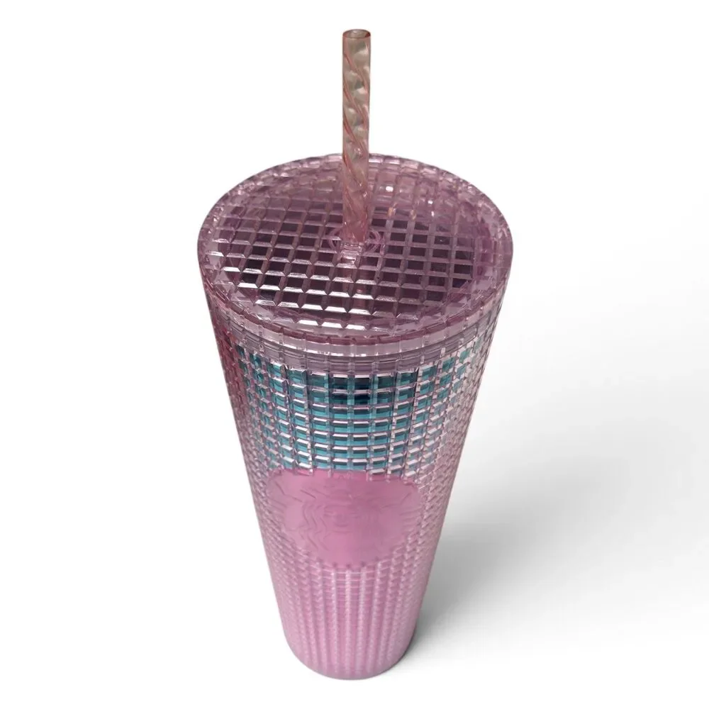 Starbucks Pink Grid Studded Tumbler 24oz Cold Cup with Lid & Straw New